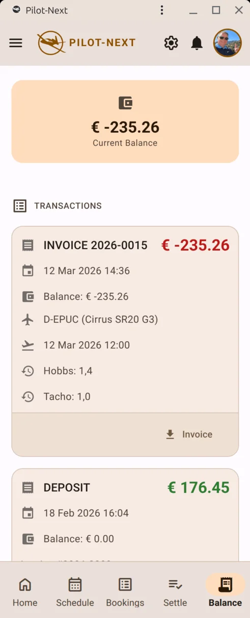 Pilot account balance screen showing credits, debits and flight cost transactions
