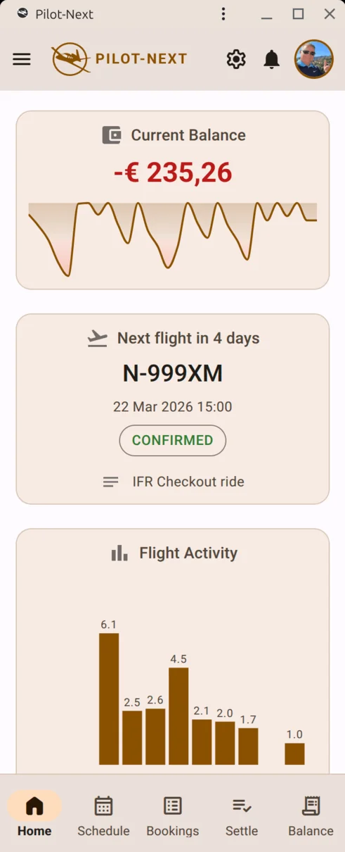 Aircraft partnership software home dashboard showing bookings and financial overview
