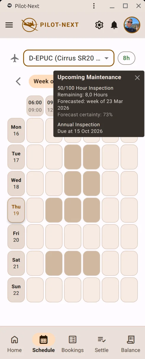 Aircraft scheduling software showing the weekly flight schedule for a flying club