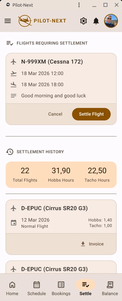 Flight cost settlement screen for aircraft co-ownership and flying club invoicing